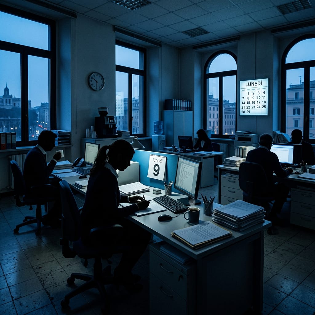 Employees working at desks in a dimly lit office on Monday