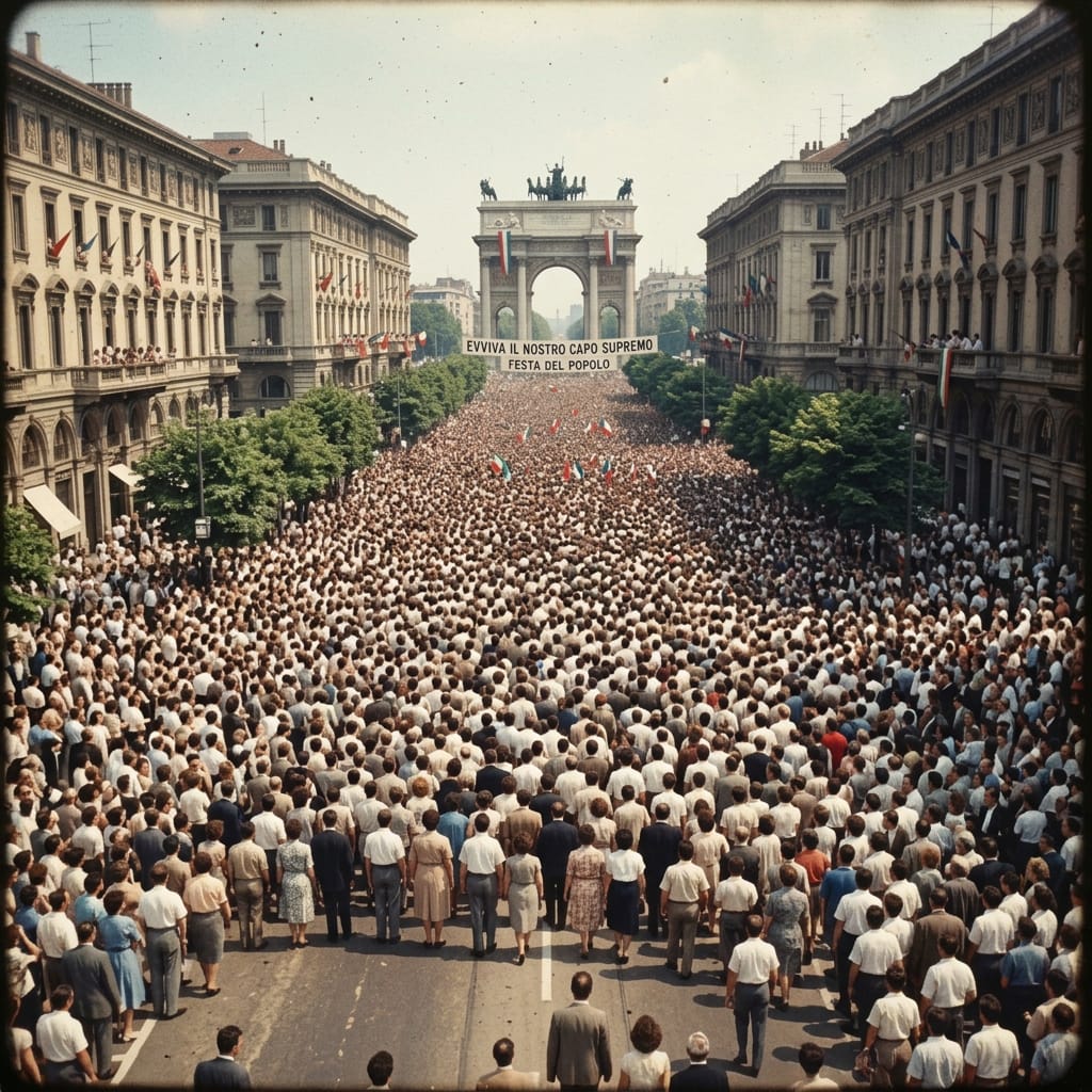 Crowd with flags beneath banners reading “INNEGIAMO AL CAPO SUPREMO,” “EVVIVA IL NOSTRO CAPO SUPREMO,” and “FESTA DEL POPOLO.”